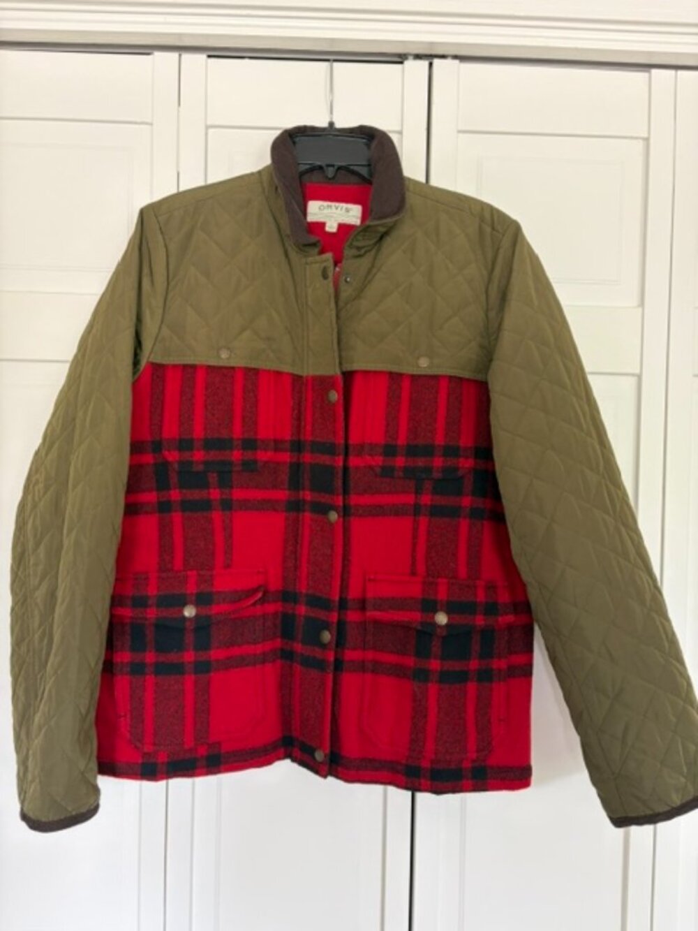 Orvis Green Red Plaid Thinsulate Wool Poly Snap Zip UP Coat
